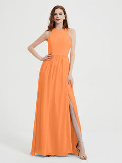 Halter Chiffon Simple Dress with Slit Orange