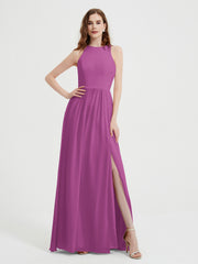 Halter Chiffon Simple Dress with Slit Orchid