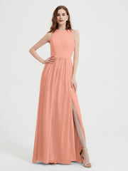 Halter Chiffon Simple Dress with Slit Papaya