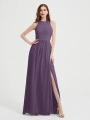 Halter Chiffon Simple Dress with Slit Plum