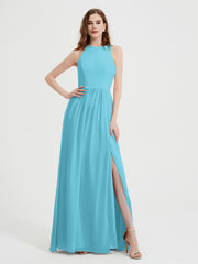 Halter Chiffon Simple Dress with Slit Pool