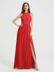 Halter Chiffon Simple Dress with Slit Red