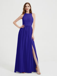 Halter Chiffon Simple Dress with Slit Royal Blue