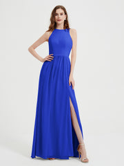 Halter Chiffon Simple Dress with Slit Royal Blue