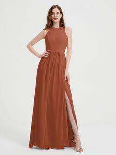 Halter Chiffon Simple Dress with Slit Rust
