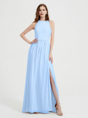 Halter Chiffon Simple Dress with Slit Sky Blue