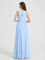 Halter Chiffon Simple Dress with Slit Sky Blue Plus Size