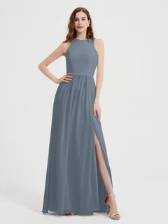 Halter Chiffon Simple Dress with Slit Slate Blue