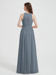 Halter Chiffon Simple Dress with Slit Slate Blue