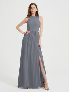 Halter Chiffon Simple Dress with Slit Steel Grey Plus Size