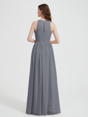 Halter Chiffon Simple Dress with Slit Steel Grey