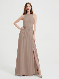 Halter Chiffon Simple Dress with Slit Taupe Plus Size