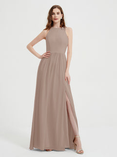 Halter Chiffon Simple Dress with Slit Taupe