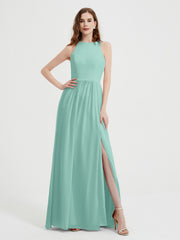 Halter Chiffon Simple Dress with Slit Turquoise