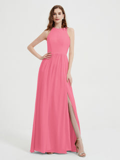 Halter Chiffon Simple Dress with Slit Watermelon