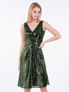 V neckline Short Sequins Lace Dress Olive Green