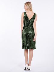 V neckline Short Sequins Lace Dress Olive Green Plus Size