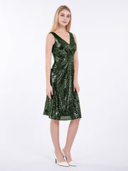 V neckline Short Sequins Lace Dress Olive Green