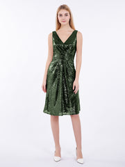 V neckline Short Sequins Lace Dress Olive Green