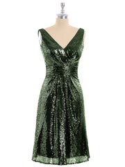 V neckline Short Sequins Lace Dress Olive Green