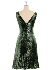 V neckline Short Sequins Lace Dress Olive Green Plus Size