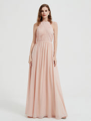 Halter Chiffon Dresses with Pleated Bodice Pearl Pink