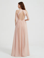 Halter Chiffon Dresses with Pleated Bodice Pearl Pink