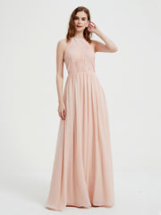 Halter Chiffon Dresses with Pleated Bodice Pearl Pink