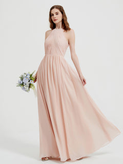 Halter Chiffon Dresses with Pleated Bodice Pearl Pink