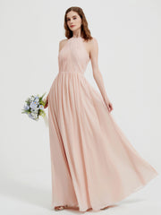 Halter Chiffon Dresses with Pleated Bodice Pearl Pink