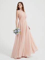 Halter Chiffon Dresses with Pleated Bodice Pearl Pink