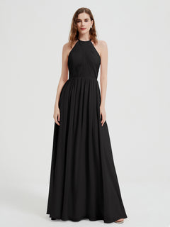 Halter Chiffon Dresses with Pleated Bodice Black