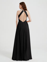 Halter Chiffon Dresses with Pleated Bodice Black