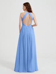 Halter Chiffon Dresses with Pleated Bodice Blue