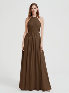 Halter Chiffon Dresses with Pleated Bodice Brown