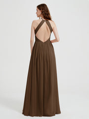Halter Chiffon Dresses with Pleated Bodice Brown
