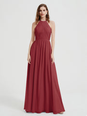 Halter Chiffon Dresses with Pleated Bodice Burgundy