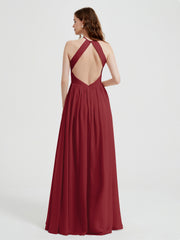 Halter Chiffon Dresses with Pleated Bodice Burgundy