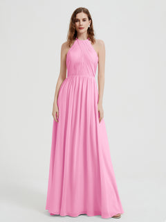 Halter Chiffon Dresses with Pleated Bodice Candy Pink Plus Size