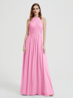 Halter Chiffon Dresses with Pleated Bodice Candy Pink