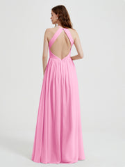 Halter Chiffon Dresses with Pleated Bodice Candy Pink
