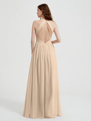 Halter Chiffon Dresses with Pleated Bodice Champagne