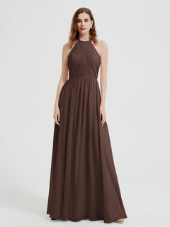 Halter Chiffon Dresses with Pleated Bodice Chocolate