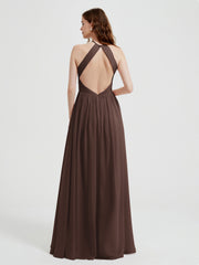 Halter Chiffon Dresses with Pleated Bodice Chocolate