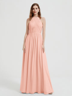 Halter Chiffon Dresses with Pleated Bodice Coral