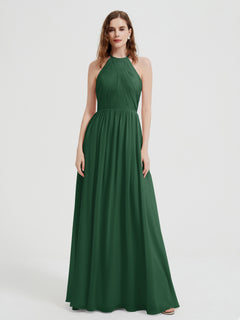 Halter Chiffon Dresses with Pleated Bodice Dark Green