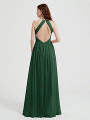 Halter Chiffon Dresses with Pleated Bodice Dark Green