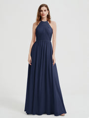 Halter Chiffon Dresses with Pleated Bodice Dark Navy
