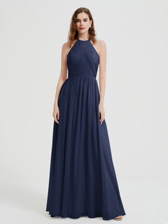 Halter Chiffon Dresses with Pleated Bodice Dark Navy Plus Size