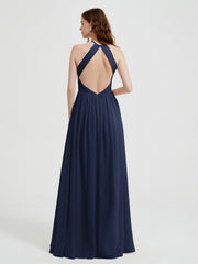 Halter Chiffon Dresses with Pleated Bodice Dark Navy